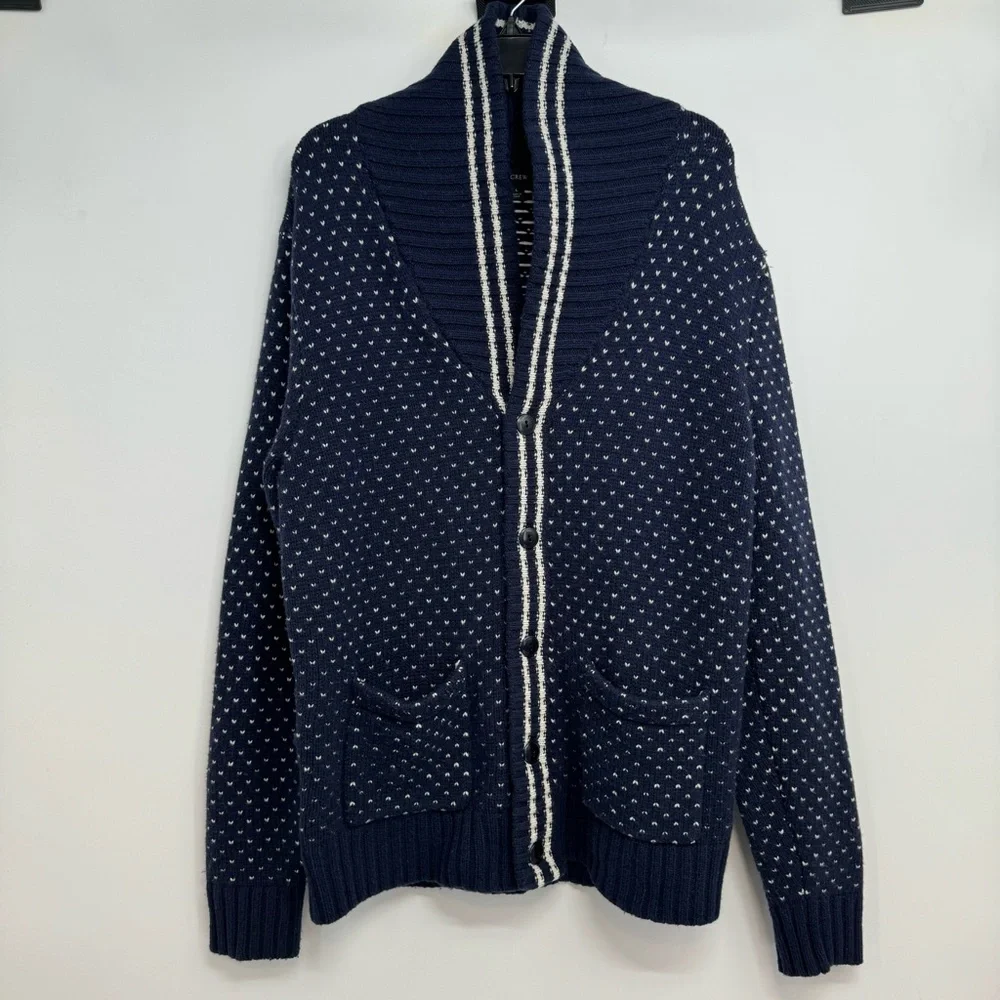 J. Crew Navy Blue Shawl Collar Cardigan Sweater Men’s L Merino Wool Pocket
